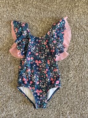Ruffle Butts Navy Floral One-Piece Swimsuit with Pink Ruffles